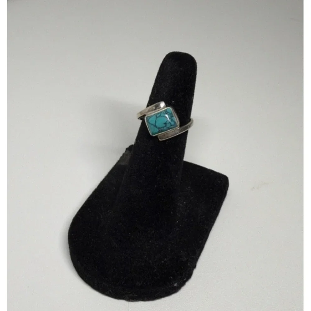 Minimalist Square Cut Turquois Ring 925 Sterling Silver Dainty size 3 1/2--#258